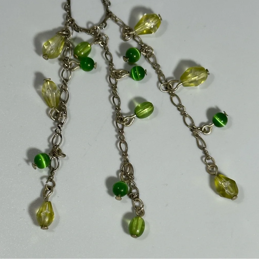Green Beaded Silver Tone Chandelier Dangle Earrings Multi Chain Boho Fairy Gypsy